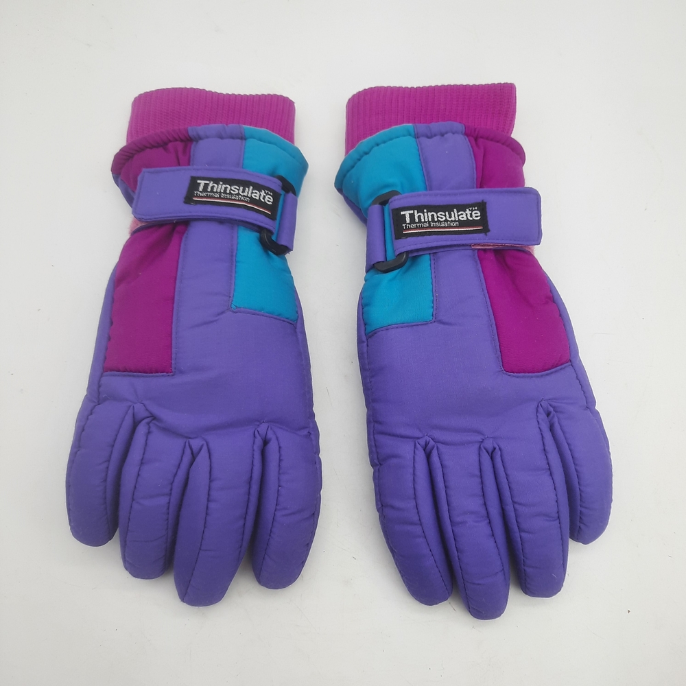 Vintage 90s Womens Colorful Thinsulate Purple Teal Winter Ski Gloves Snow Retro